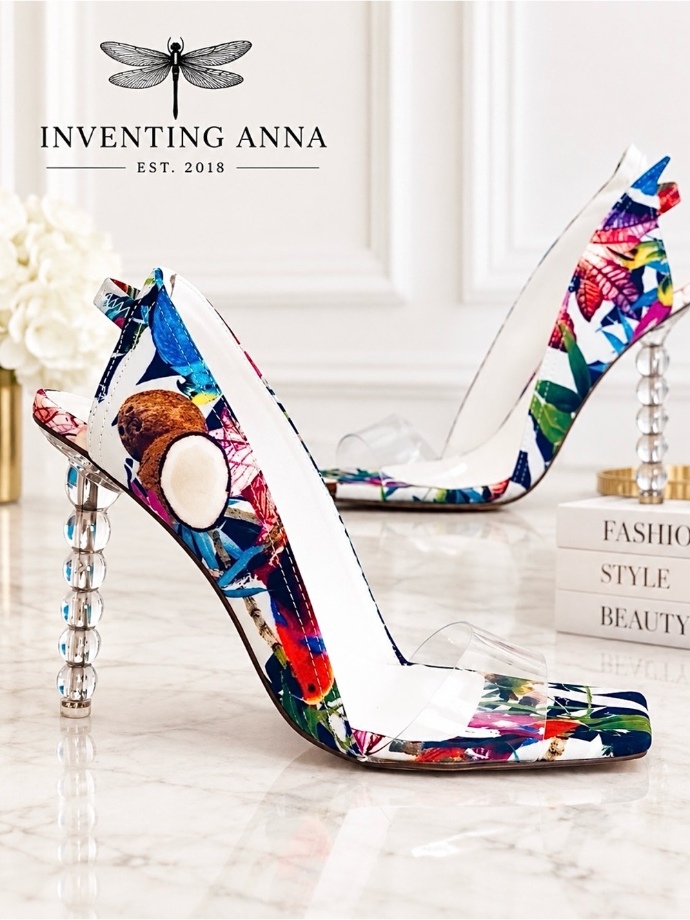 Privileged Tropical Print Clear Strap Heels Size 10